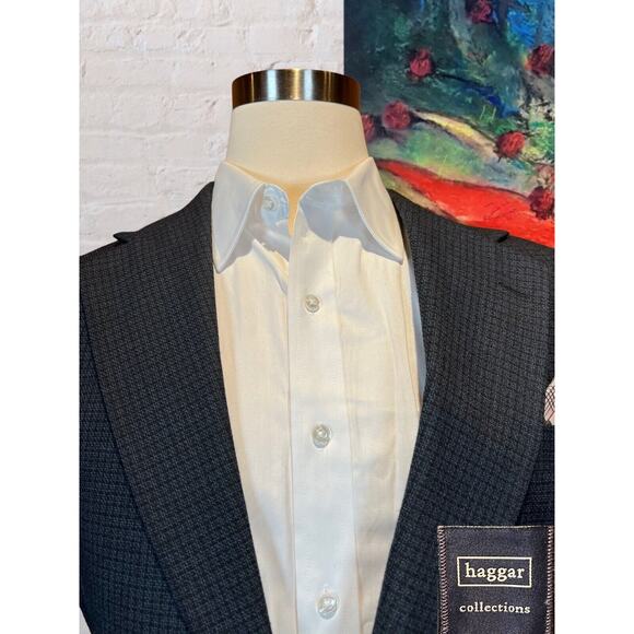 Vtg Haggar Collection 42R Blue Black Check Plaid Tweed Blazer Sport Coat Jacket - Picture 2 of 16